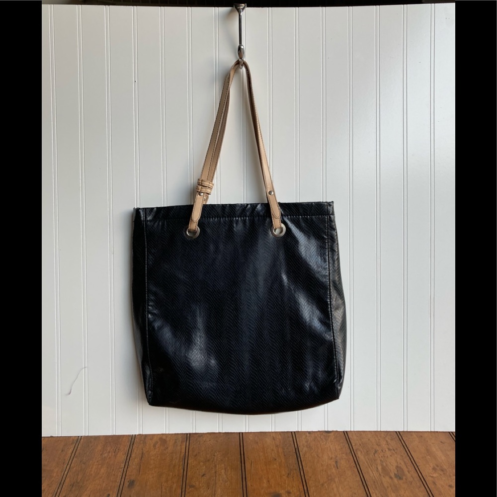 Target, black, faux leather tote with tan straps